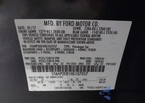 2017 Ford Taurus Sel из США, поврежденный, VIN 1FAHP2E81HG107057